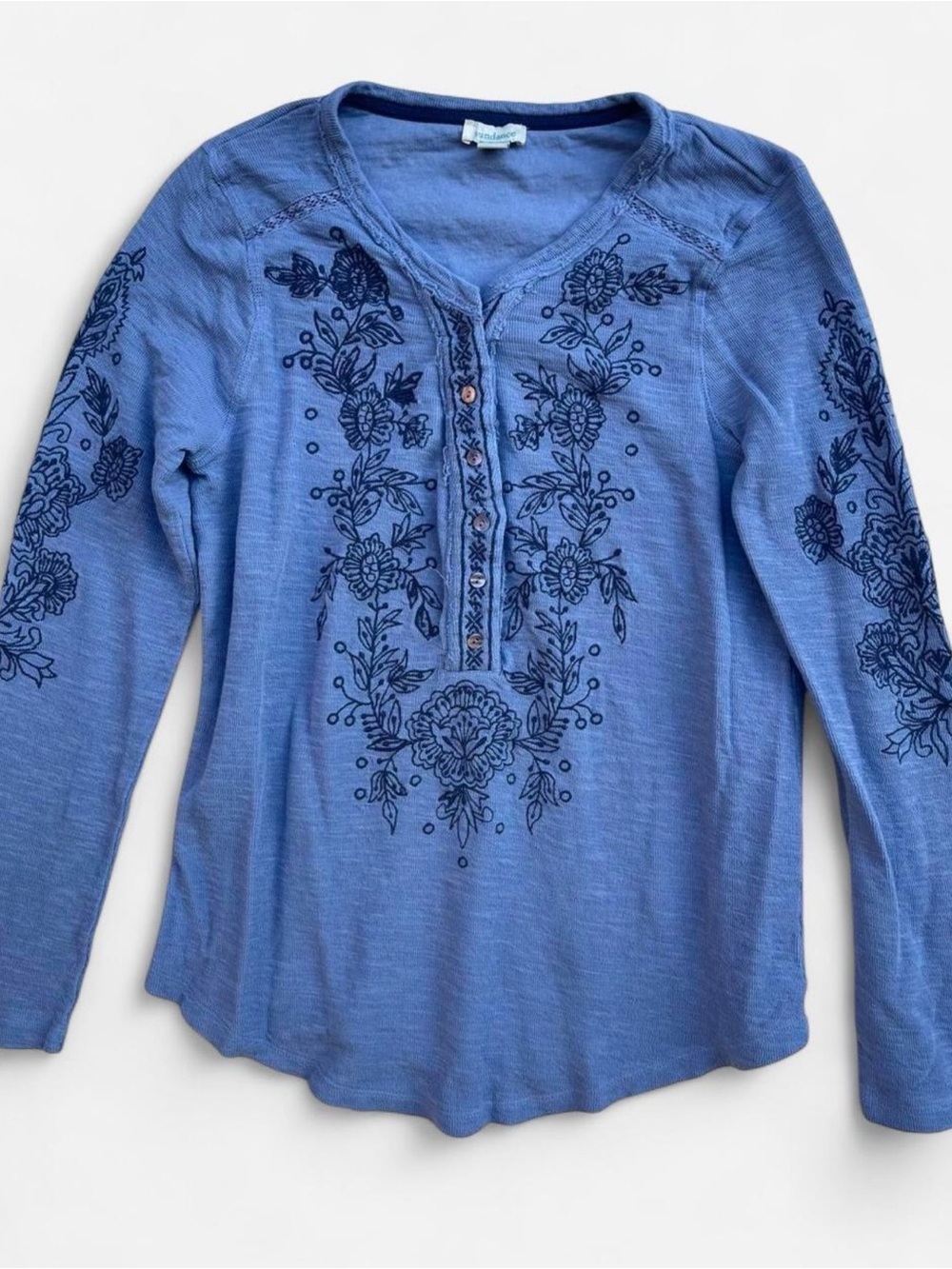 Sundance Blue Henley Embroidered Floral Boho Western Long Sleeve Knit Top Sz M